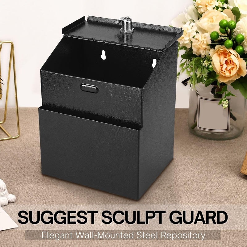 Flexzion Suggestion Box with Slot and Lock - Wall Mounted Multi-Purpose Offering, Ballot Box with Lock - Metal Donation Drop Box with 25 Suggestion Cards, 2 Screws, 2 Expansion Bolts & 2 Keys (Black) - Image 3